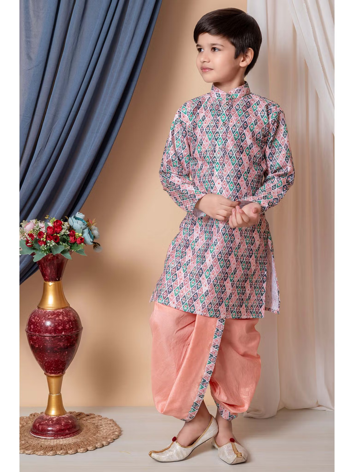 Young boy wearing floral patterned kurta with peach dhoti and mojari shoes boys silk kurta dhoti set Canada