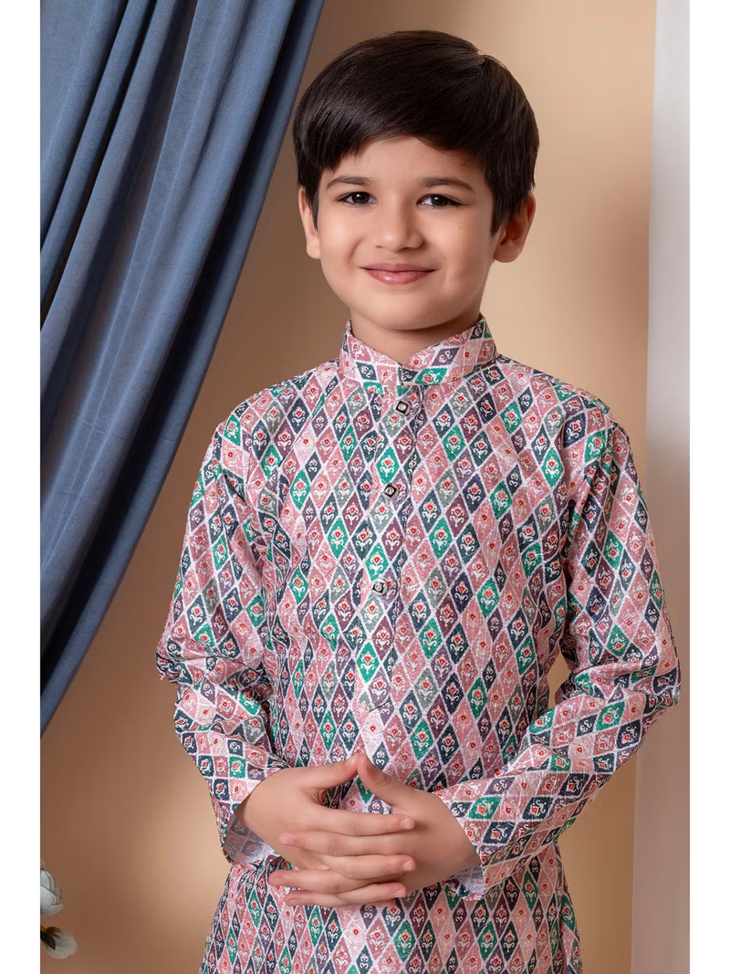 Smiling boy wearing patterned band collar boys silk kurta dhoti set Canada ideal for festivals and weddings