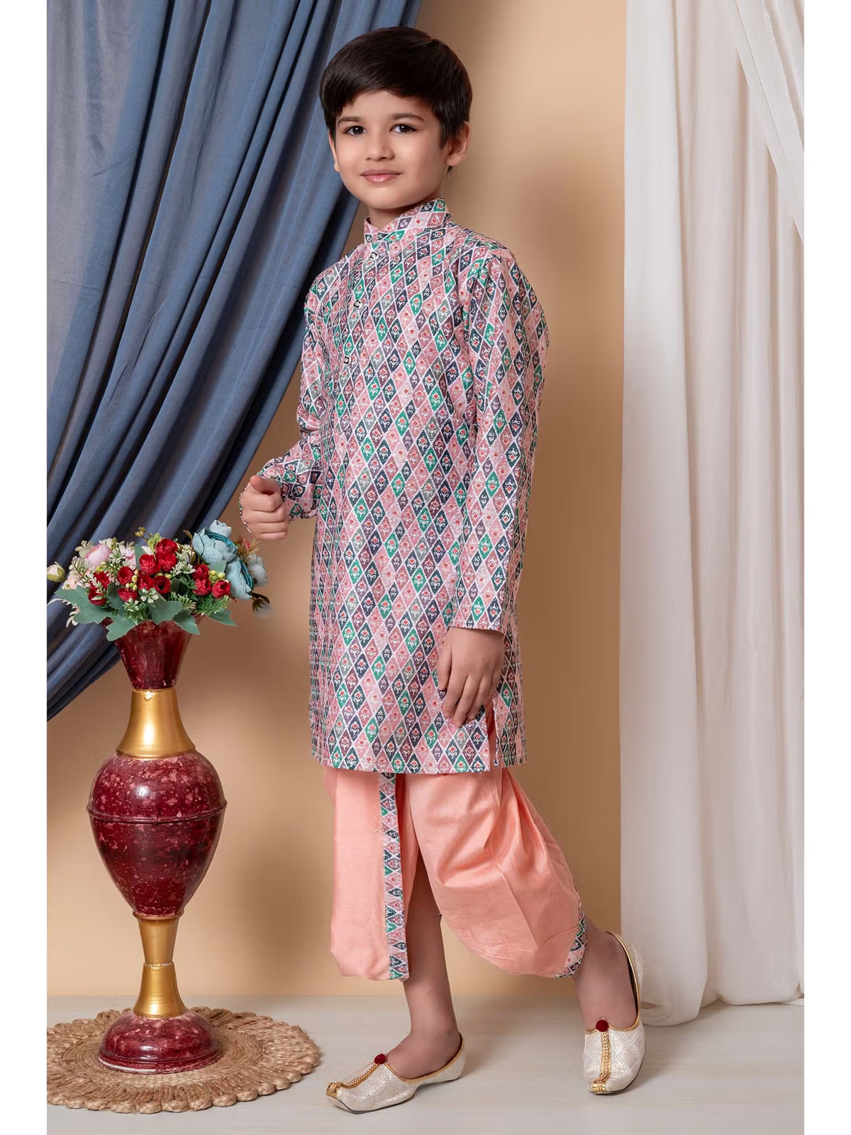 Young boy wearing pastel geometric kurta with peach dhoti and mojari shoes boys silk kurta dhoti set Canada