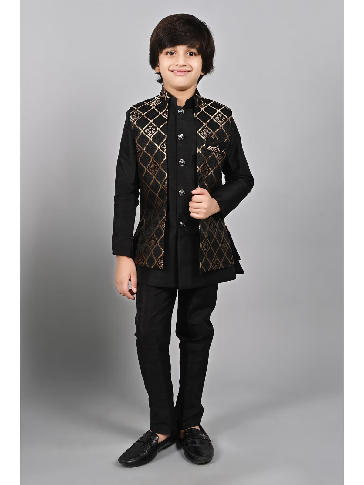 Boy modeling kids black sherwani set Canada black kurta with gold lattice embroidery and mandarin collar