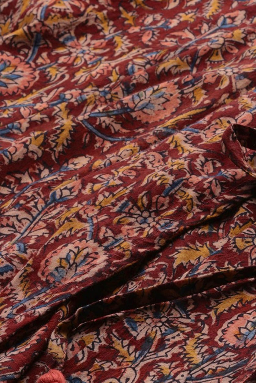 Rust Brown Kalamkari Angrakha Kurta detailed floral pattern with vibrant colors for stylish ethnic wear