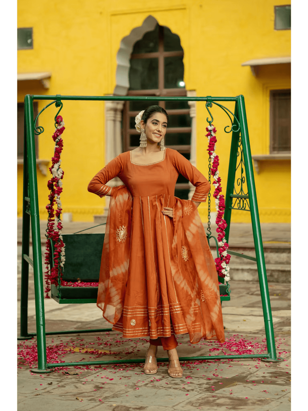 Rust Cotton Gota Anarkali Set with Pant and Dupatta – Festive Ethnic Wear for Women - aromie