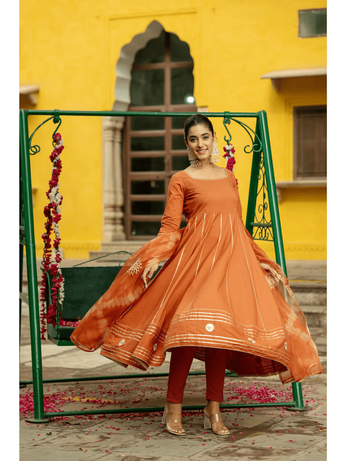 Rust Cotton Gota Anarkali Set with Pant and Dupatta – Festive Ethnic Wear for Women - aromie