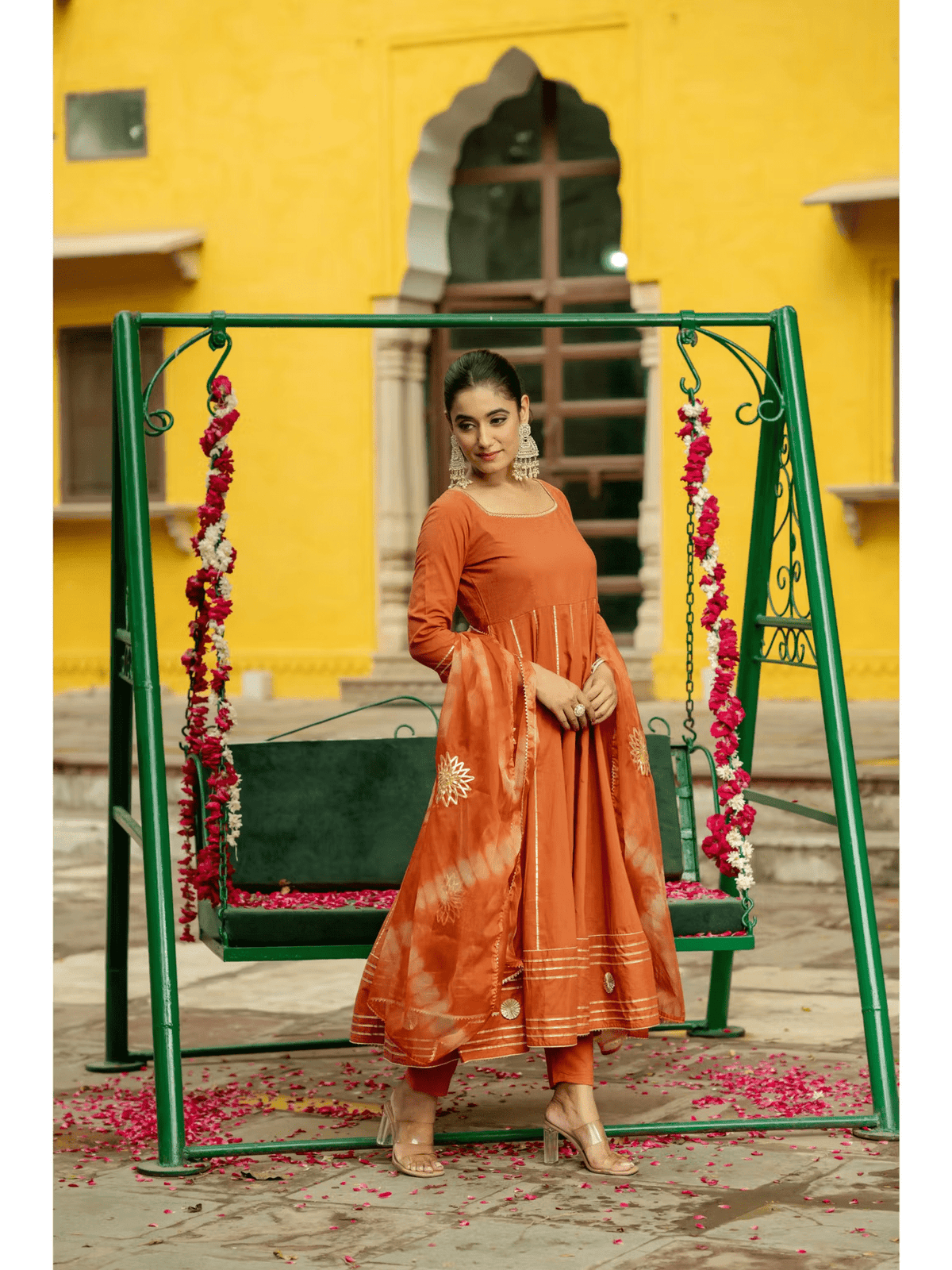 Rust Cotton Gota Anarkali Set with Pant and Dupatta – Festive Ethnic Wear for Women - aromie