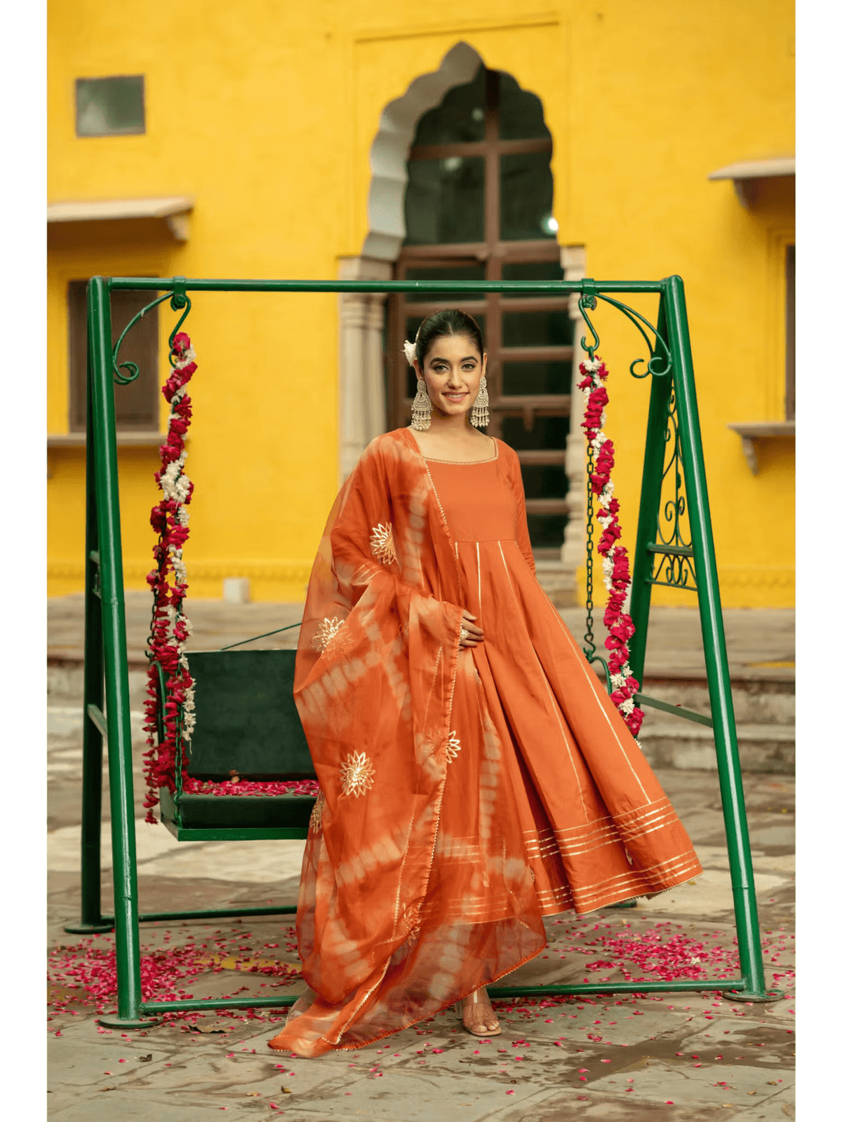 Rust Cotton Gota Anarkali Set with Pant and Dupatta – Festive Ethnic Wear for Women - aromie