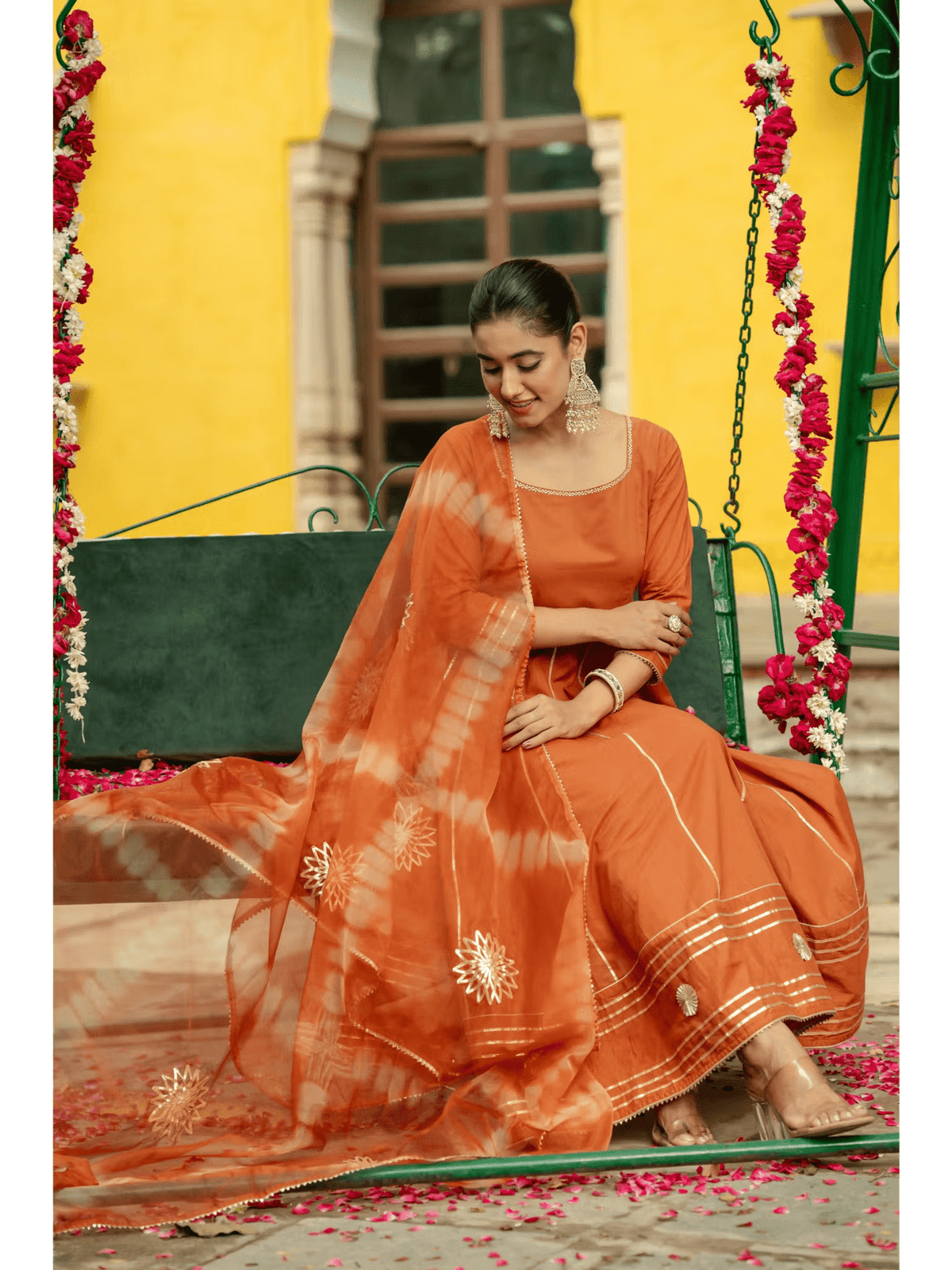 Rust Cotton Gota Anarkali Set with Pant and Dupatta – Festive Ethnic Wear for Women - aromie