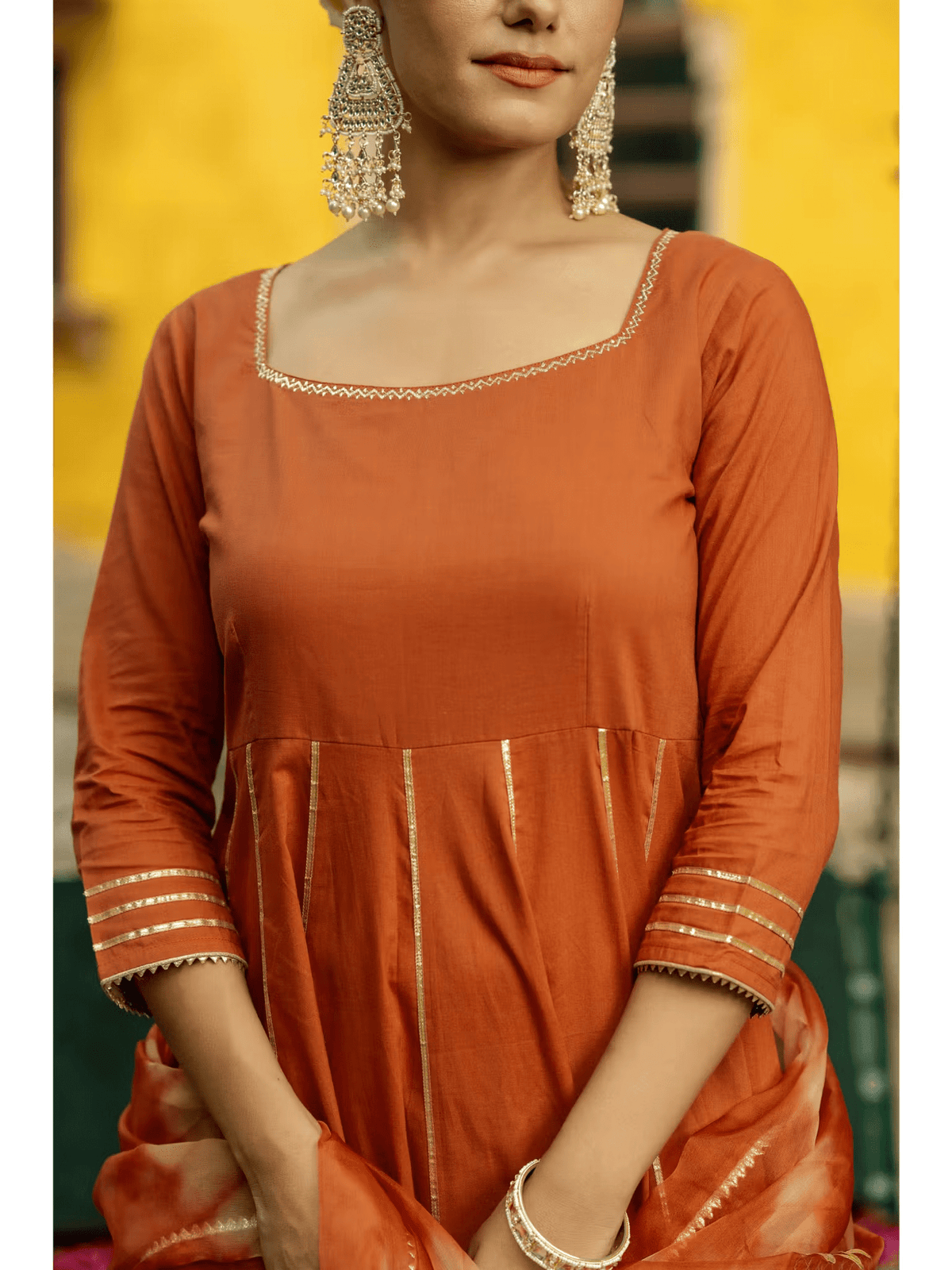 Rust Cotton Gota Anarkali Set with Pant and Dupatta – Festive Ethnic Wear for Women - aromie