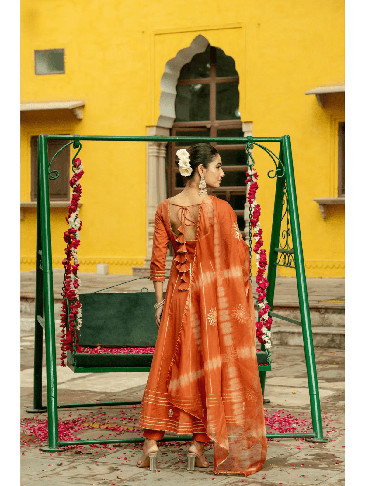 Rust Cotton Gota Anarkali Set with Pant and Dupatta – Festive Ethnic Wear for Women - aromie