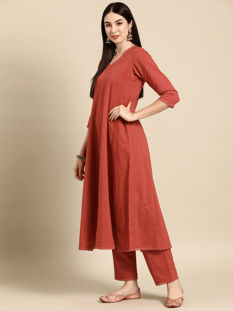 Rust Cotton Silk Kurta Set for Women