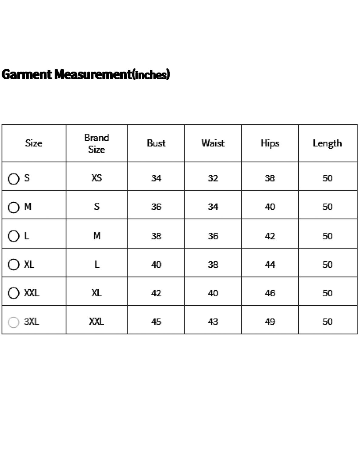 Size chart for aromie rust orange mini dress with bust waist hips and length measurements in inches