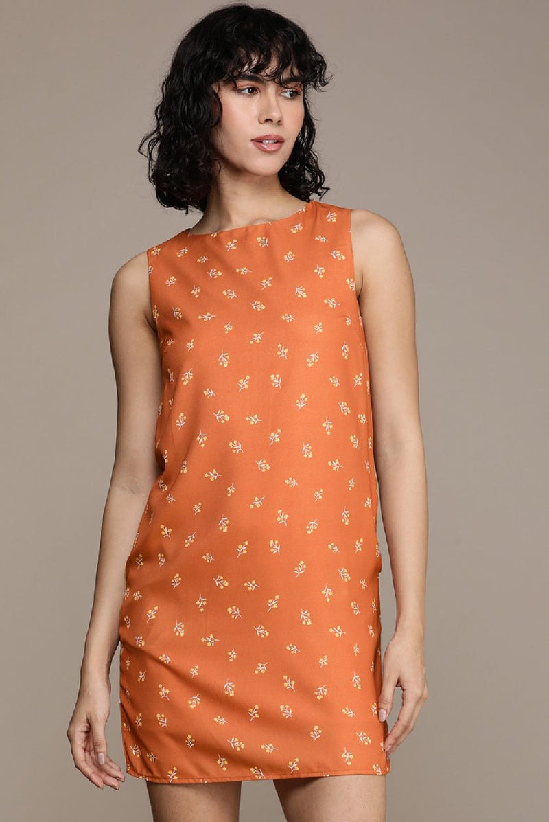 Rust Orange Mini Dress with Floral Print