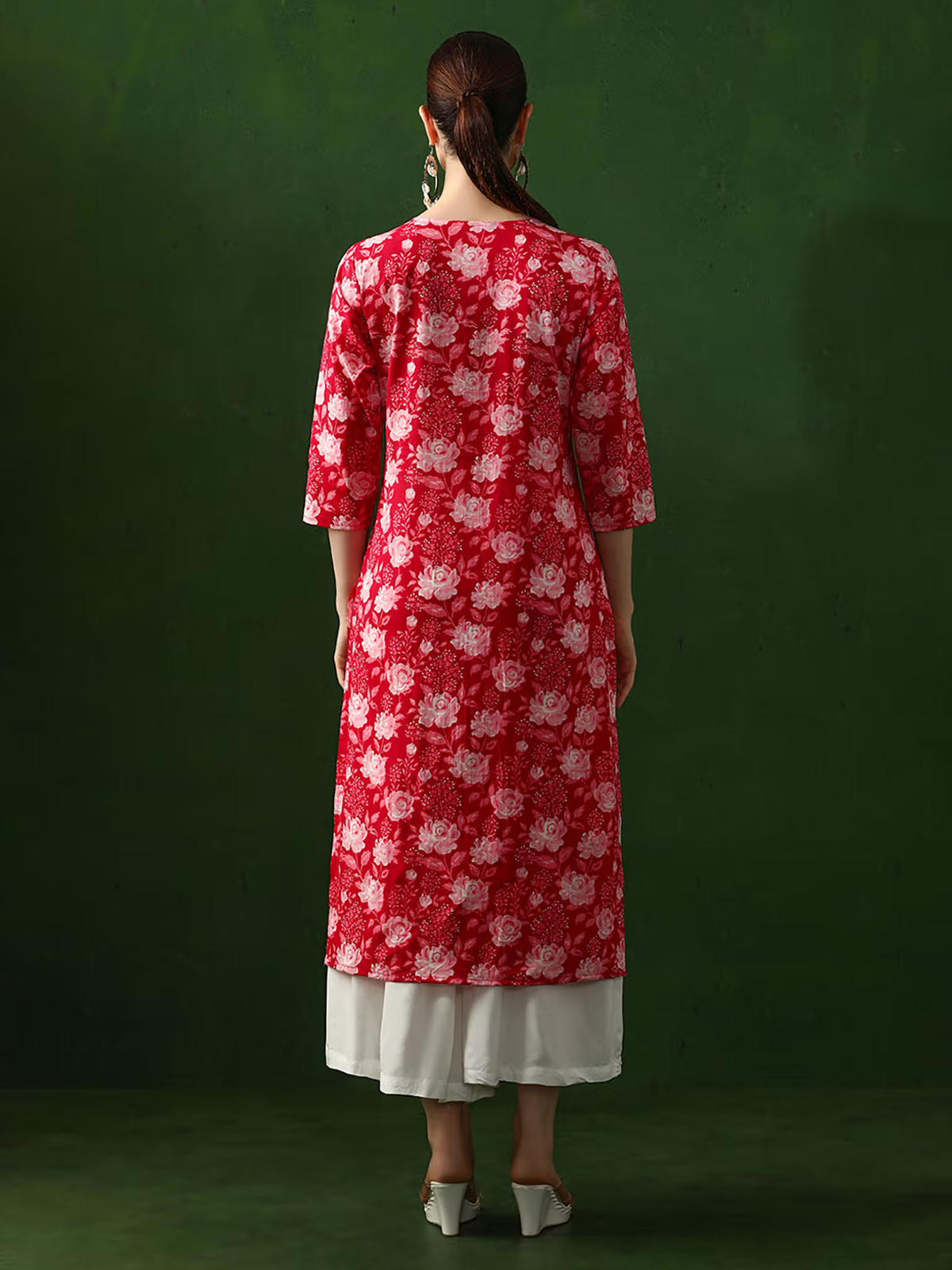 Aromie red floral single piece kurta back view with three quarter sleeves and white hem embroidered viscose jumpsuit for women