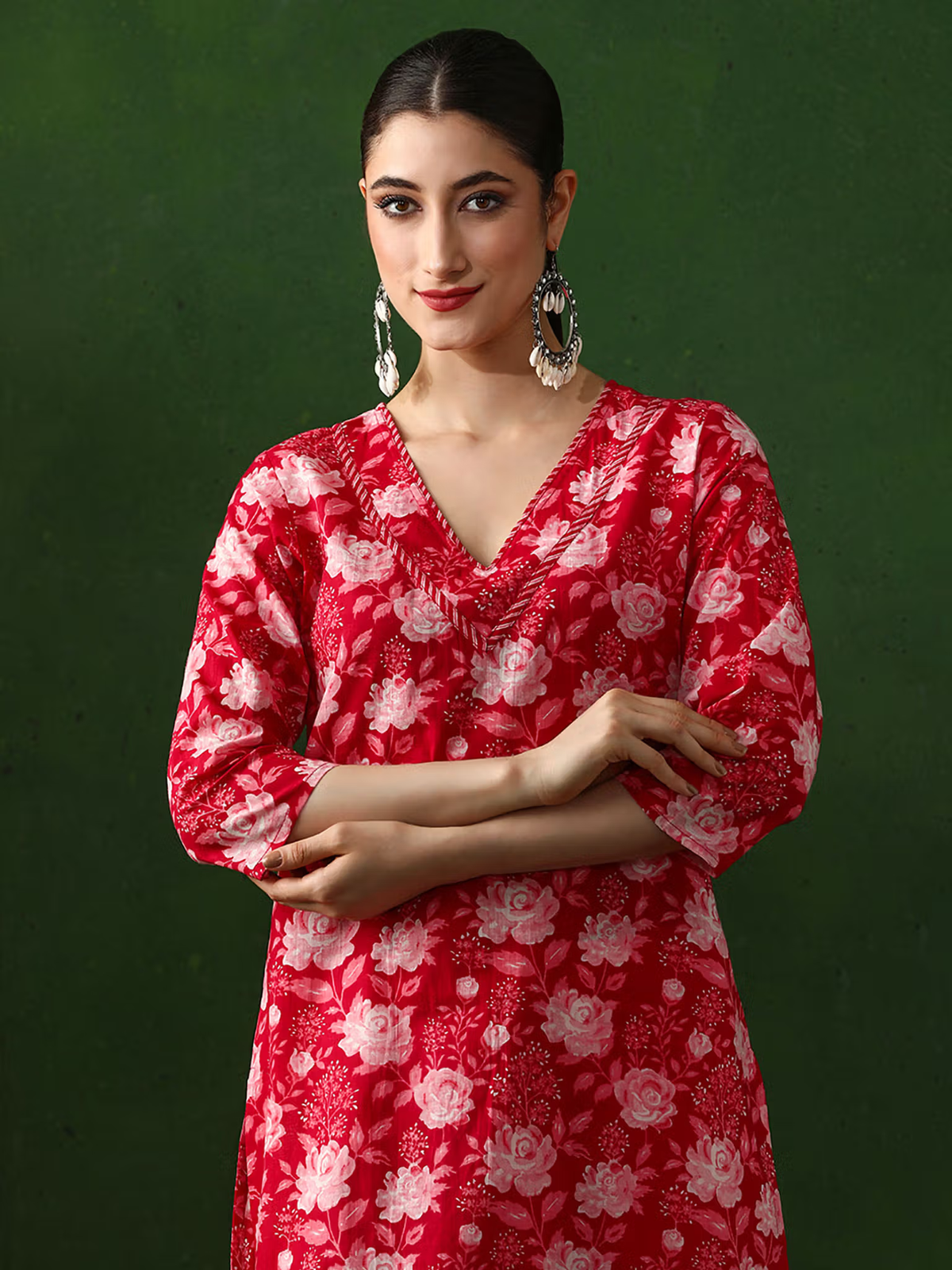 Aromie red floral single piece kurta with V neck and puff sleeves embroidered viscose jumpsuit for women