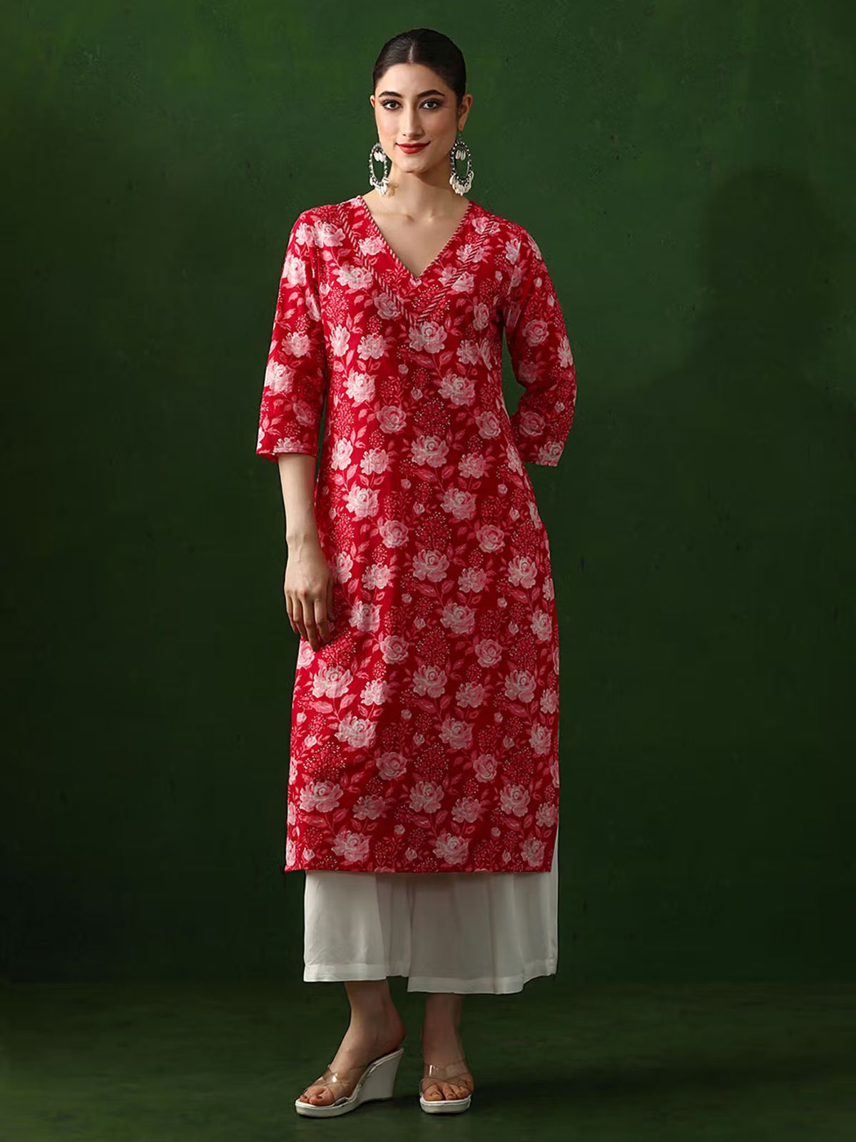 aromie red floral kurta with V neck and three quarter sleeves over white pants embroidered viscose jumpsuit for women