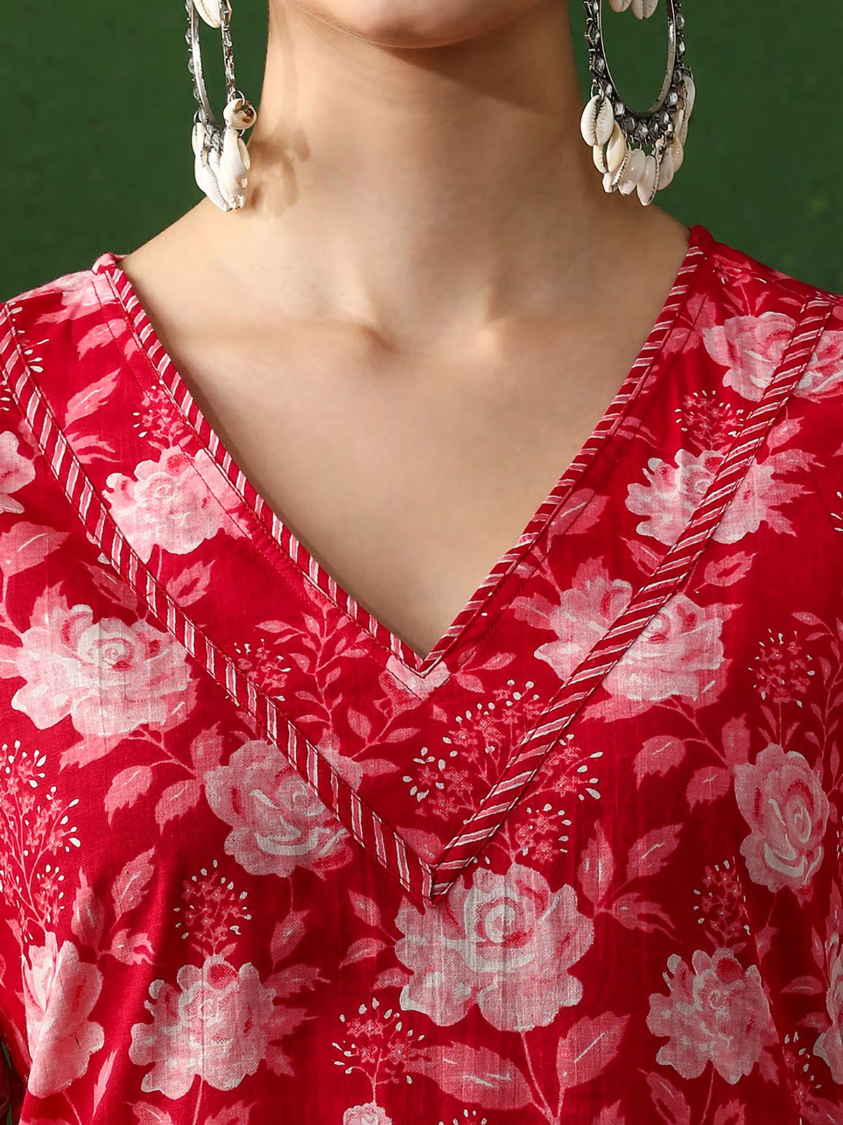Aromie red floral single piece kurta V neck with embroidered trim in lightweight viscose embroidered viscose jumpsuit for women