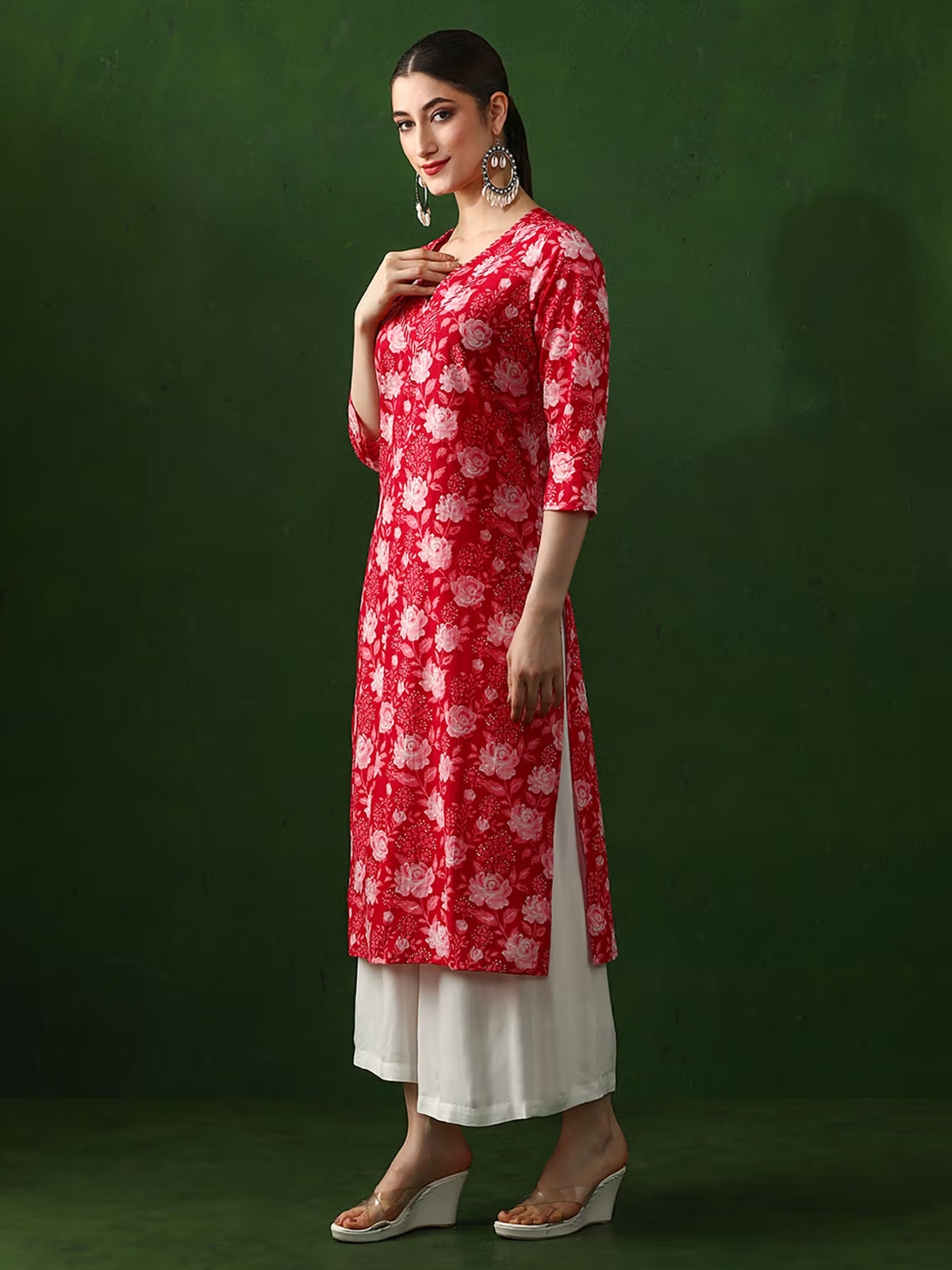 aromie embroidered viscose jumpsuit for women red floral single piece kurta with three quarter sleeves and side slits