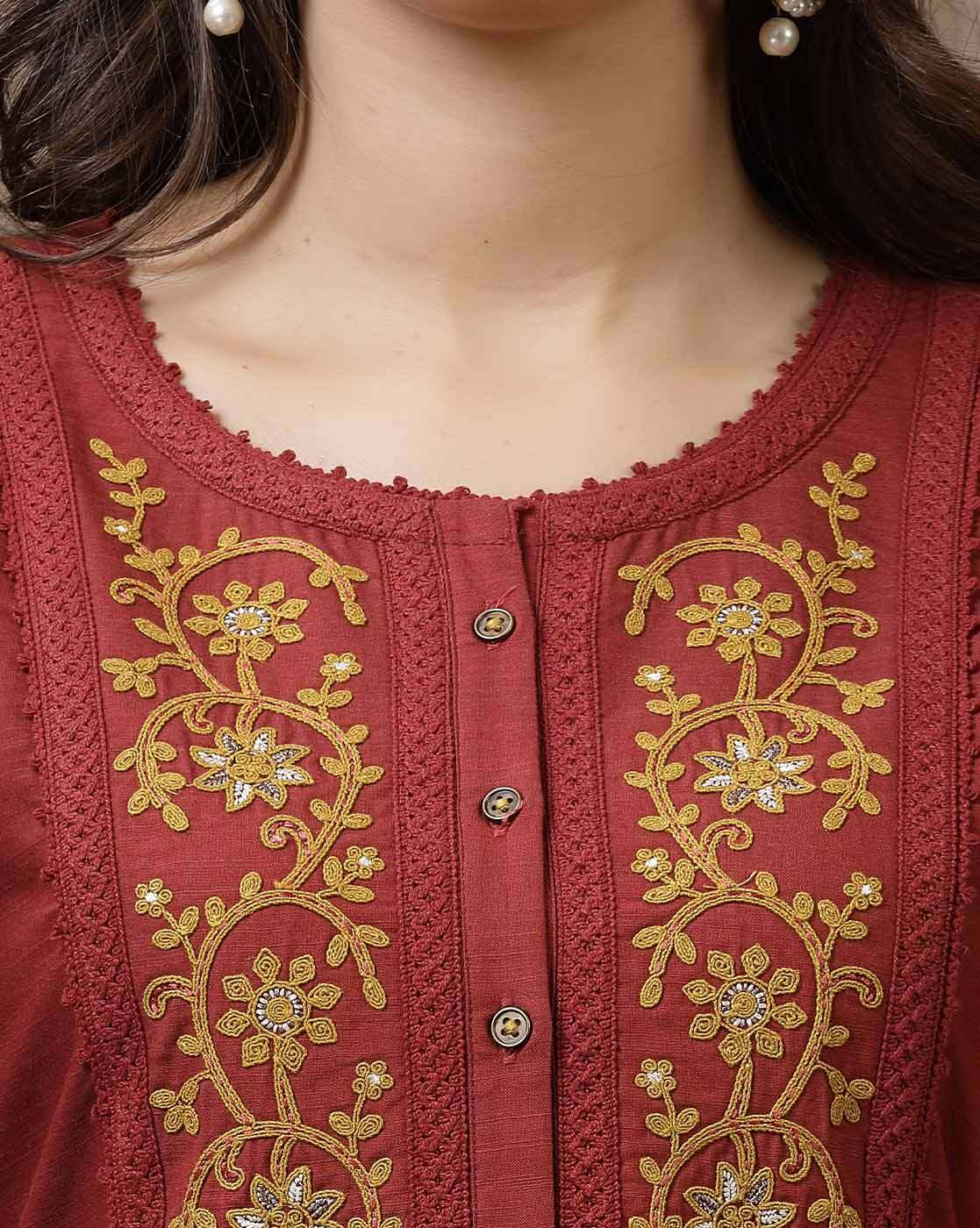 Aromie red embroidered tunic for women with gold floral embroidery button front and scalloped round neckline