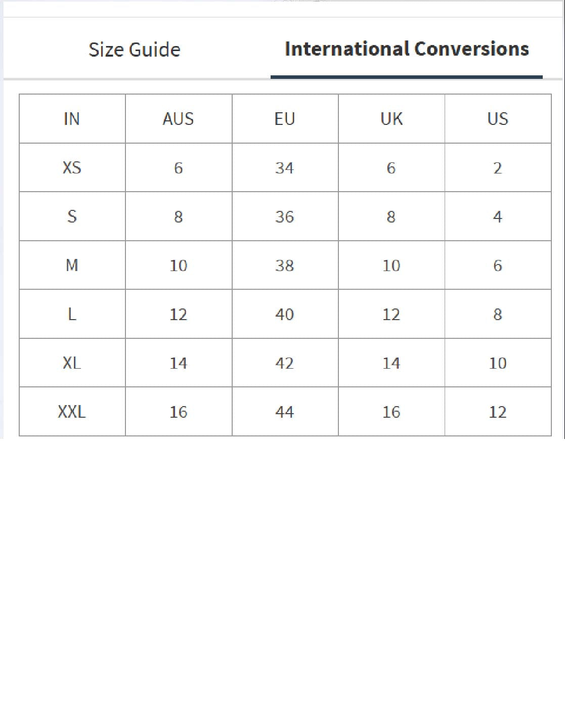 embroidered tunic for women size conversion chart showing IN AUS EU UK US sizes XS to XXL