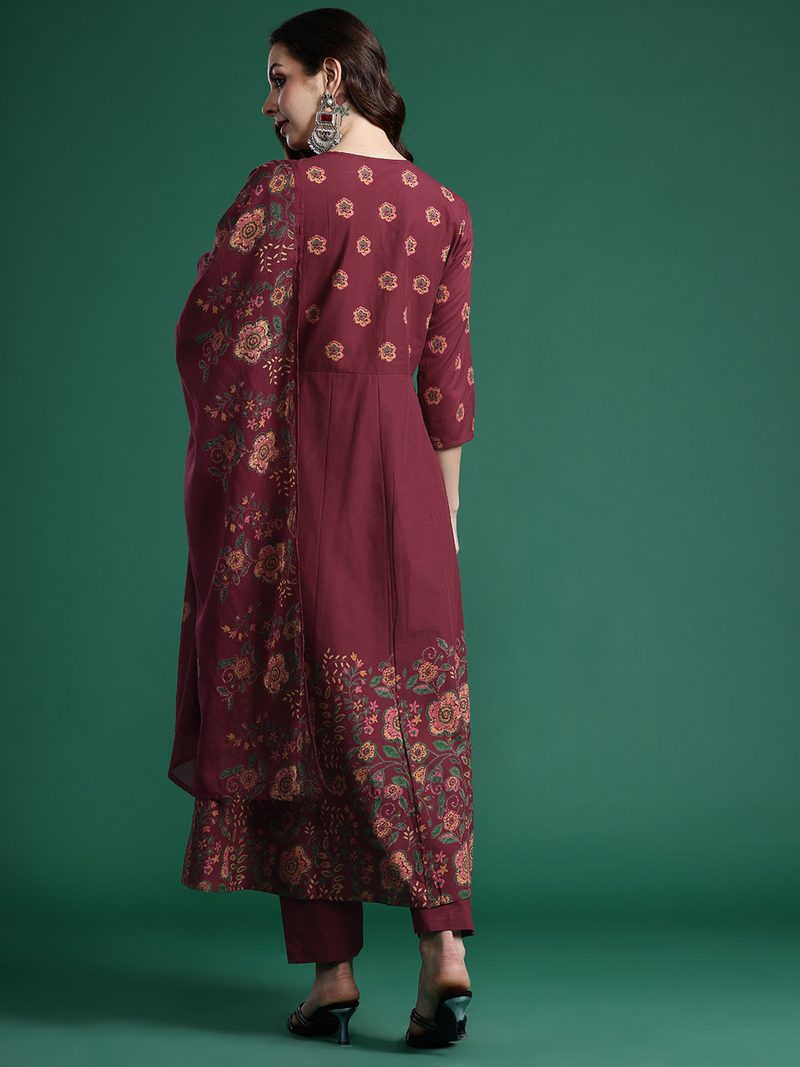 Aromie Embroidered Rayon Kurta Set maroon three piece back view with floral embroidered kurta dupatta and pants