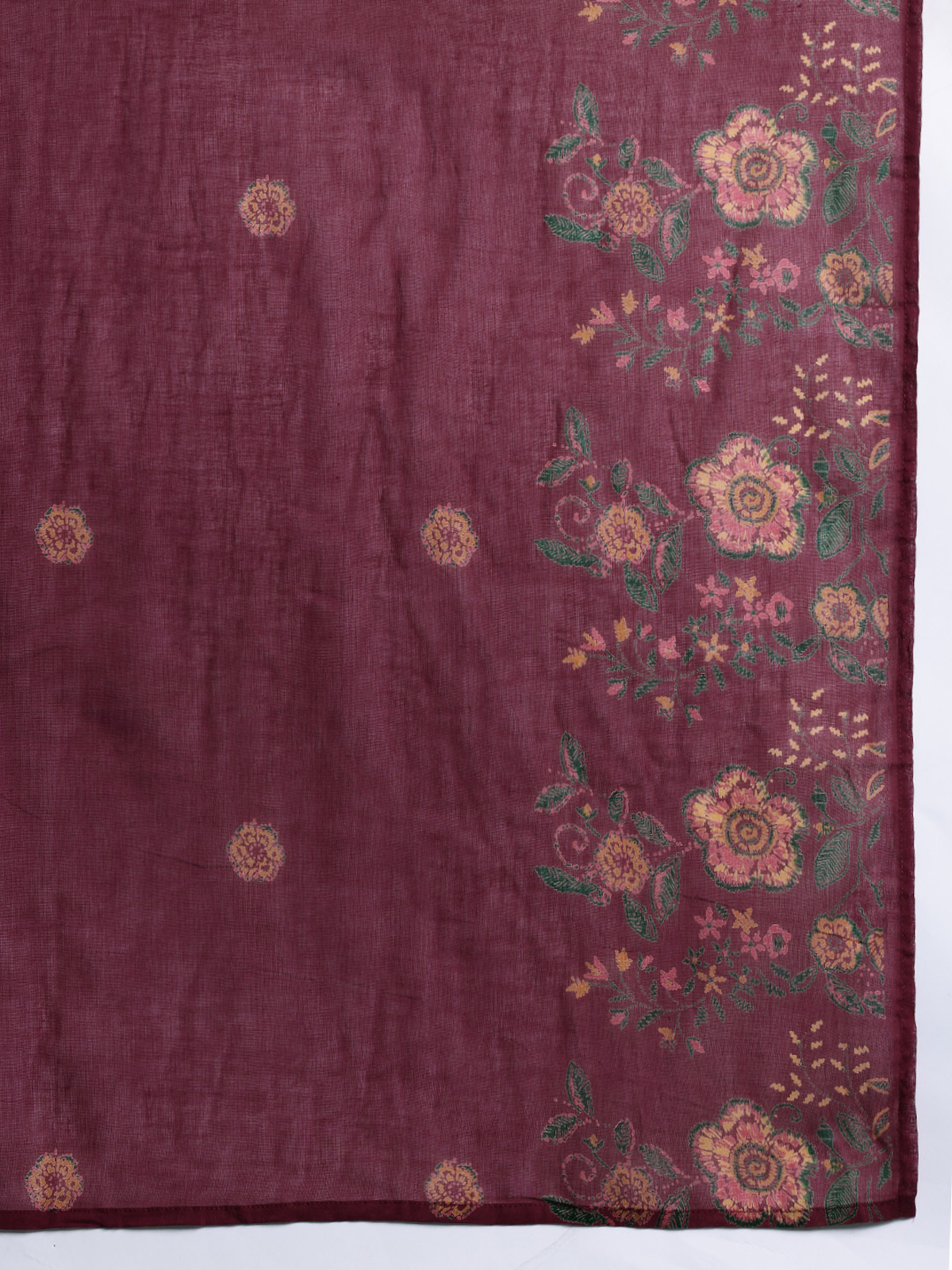 Aromie Embroidered Rayon Kurta Set maroon three piece kurta fabric with floral border and motifs