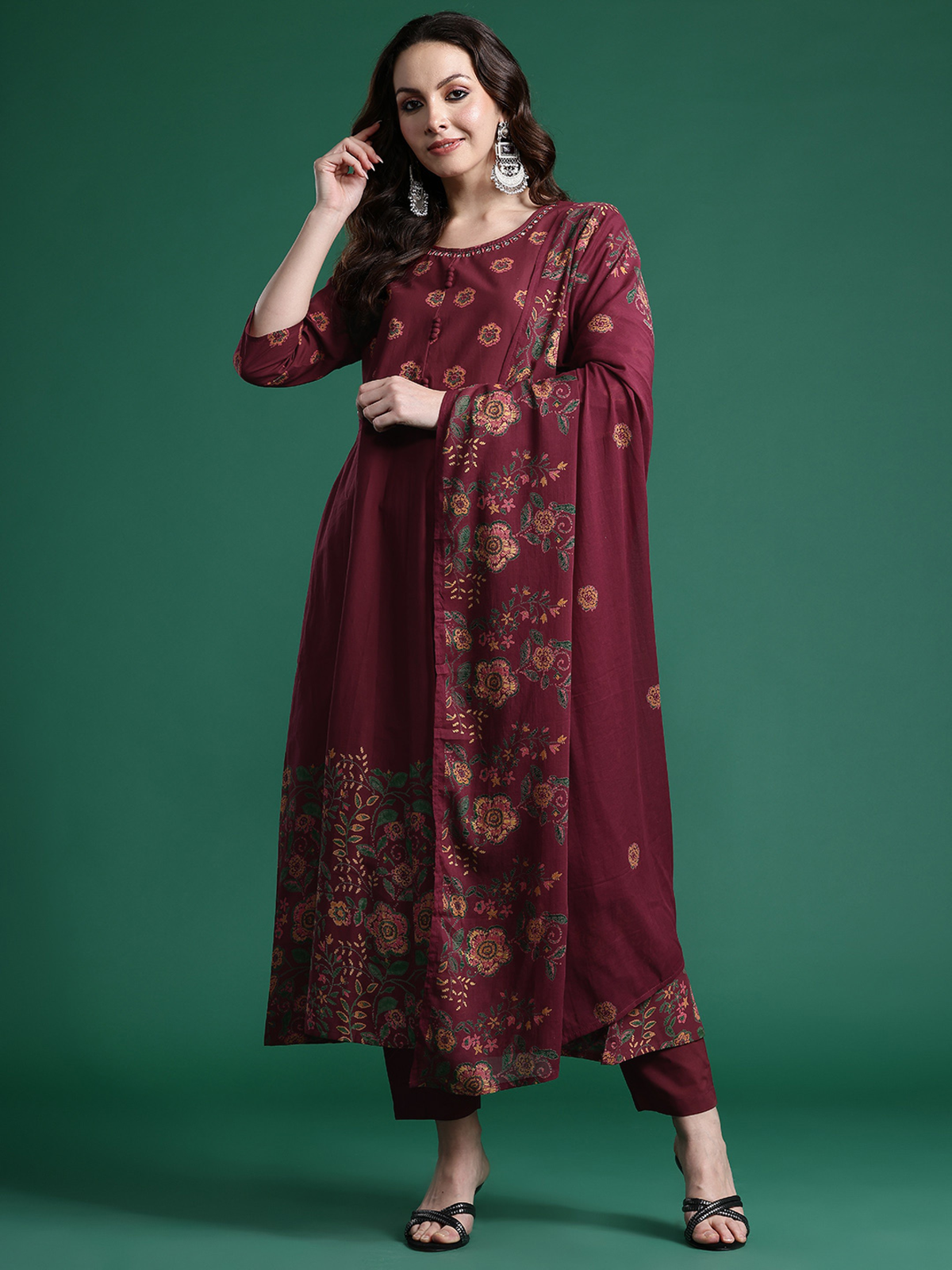 Aromie Embroidered Rayon Kurta Set maroon three piece with floral embroidery dupatta and straight pants on model
