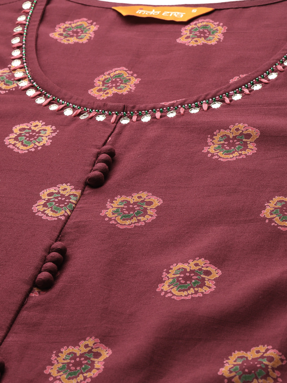 Aromie maroon three piece kurta close up showing beaded neckline fabric buttons and floral prints Embroidered Rayon Kurta Set