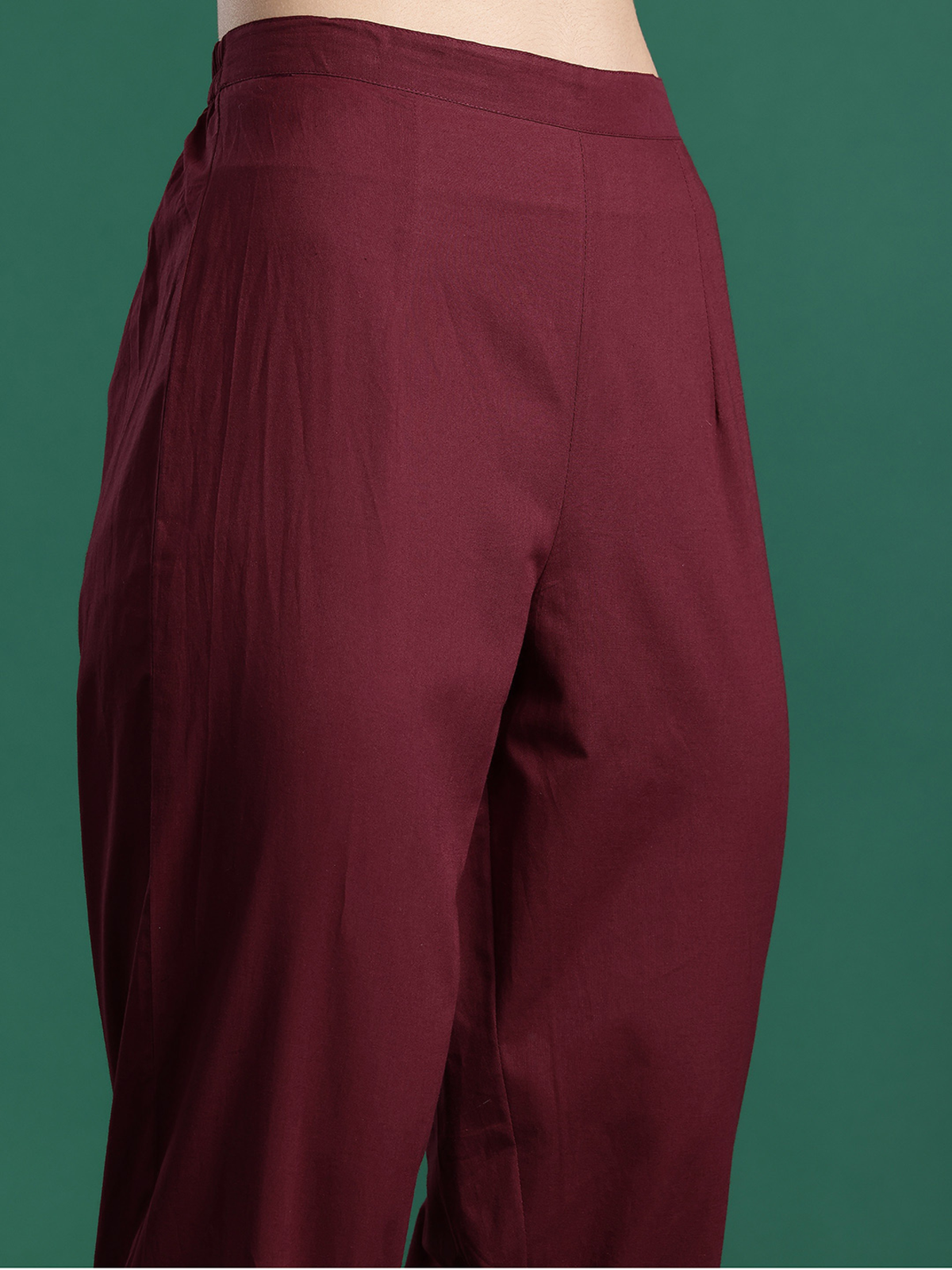 Aromie Embroidered Rayon Kurta Set close up of maroon straight leg rayon pants with flat waistband
