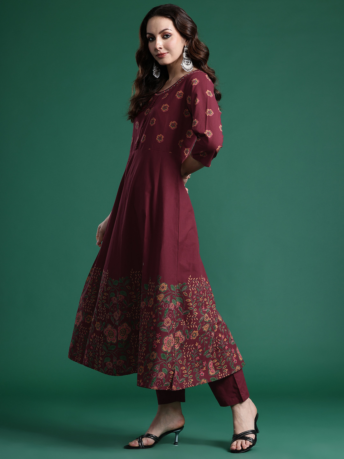 aromie Embroidered Rayon Kurta Set three piece maroon kurta with floral embroidery hem and matching pants