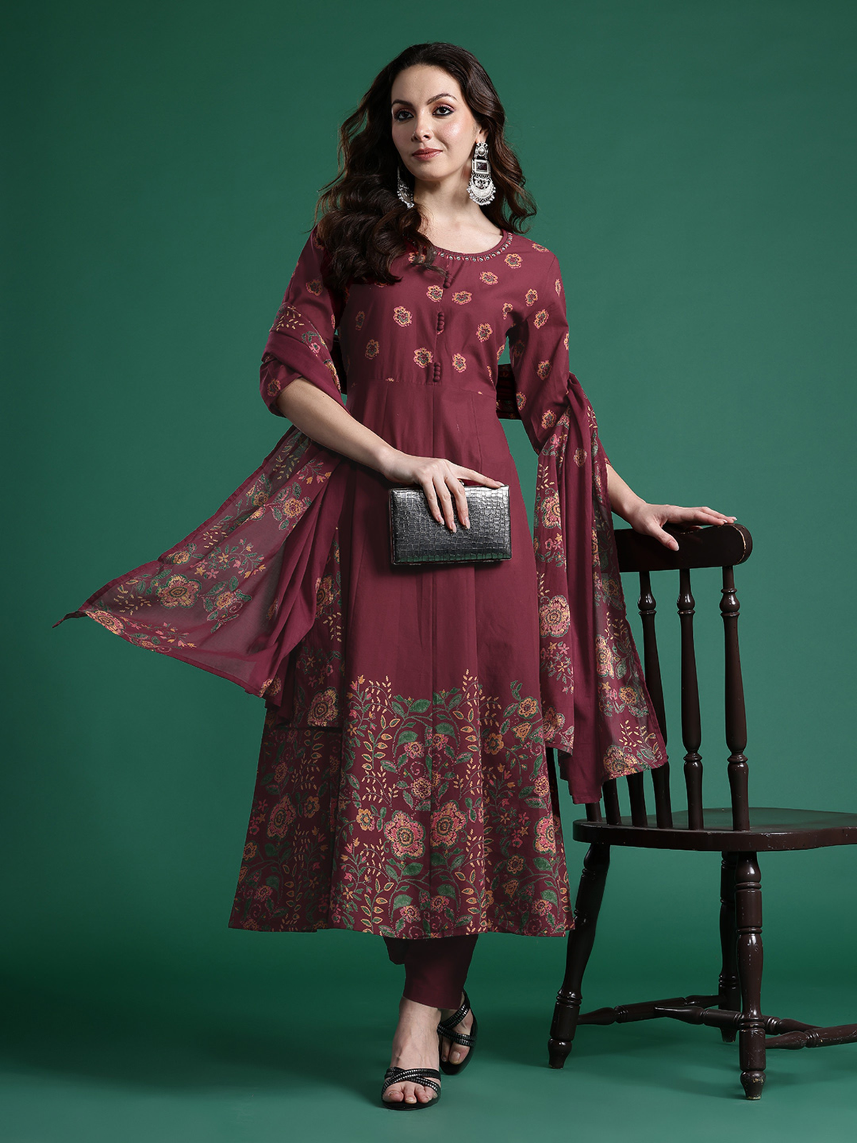 Aromie Embroidered Rayon Kurta Set burgundy floral three piece kurta with dupatta and clutch