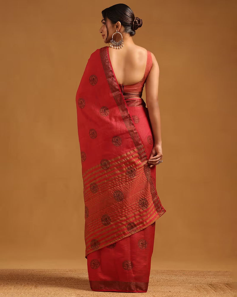 Front view of a red affordable cotton silk saree Canada with intricate designs, perfect for festive occasions.