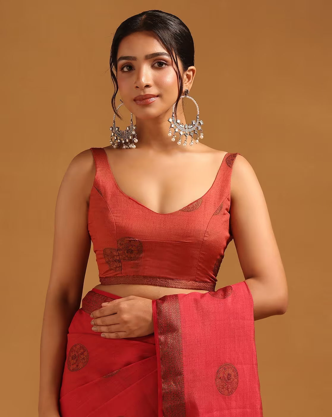 Affordable cotton silk saree Canada in rust color with traditional prints, perfect for festive occasions