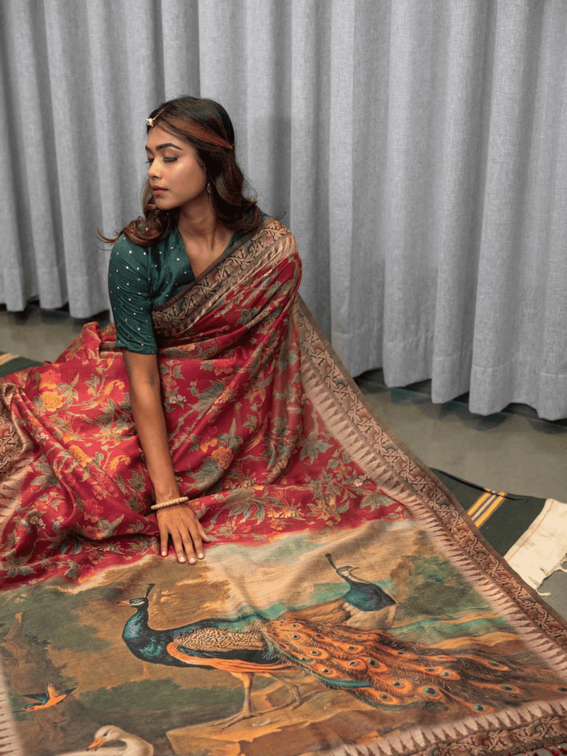 Aromie multicolor saree with peacock motifs in silk, ideal for festive occasions, showcased in a detailed view.