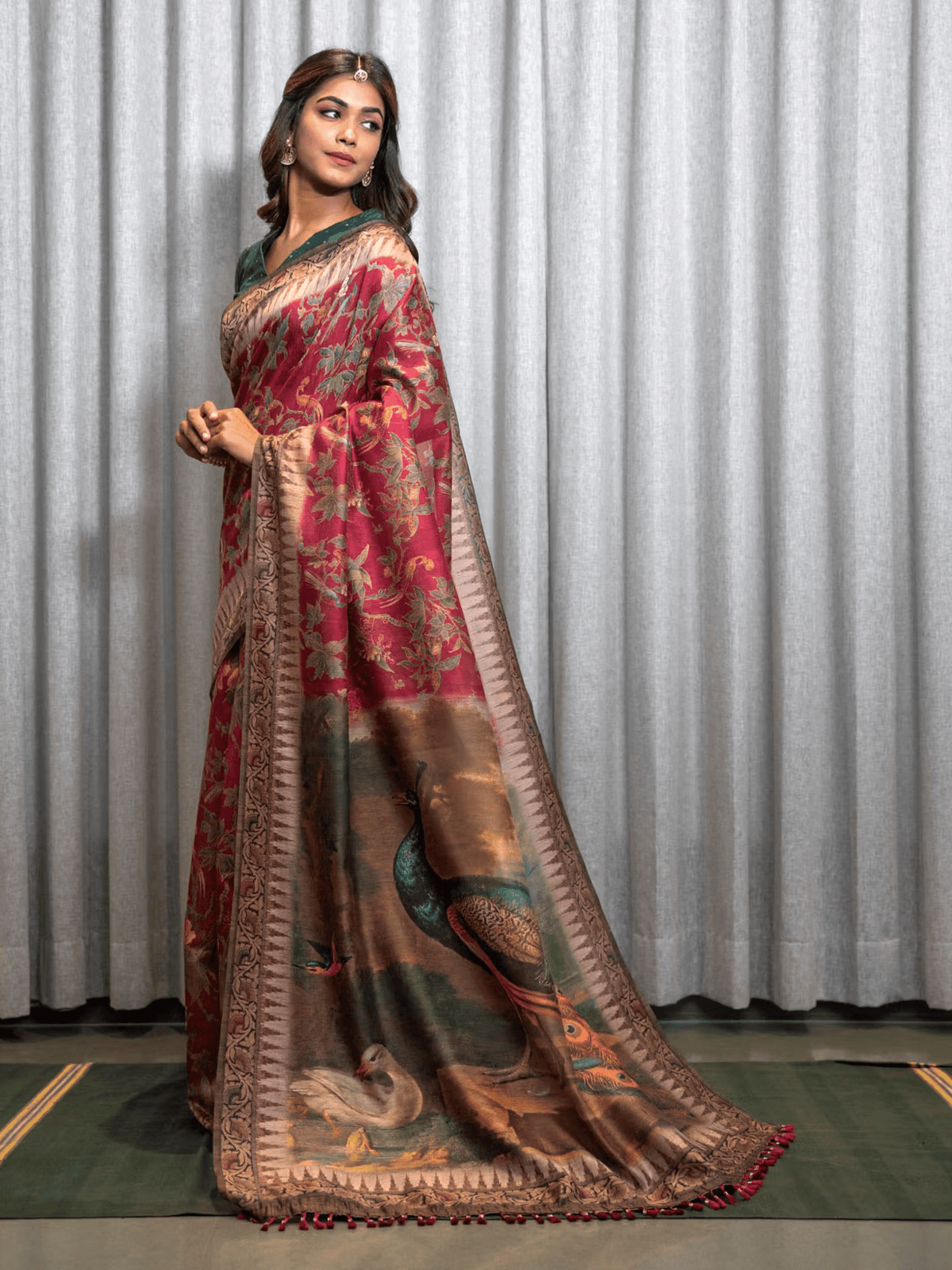 Red and gold saree with intricate floral patterns in lightweight fabric, ideal for weddings. Shop saree online Canada.