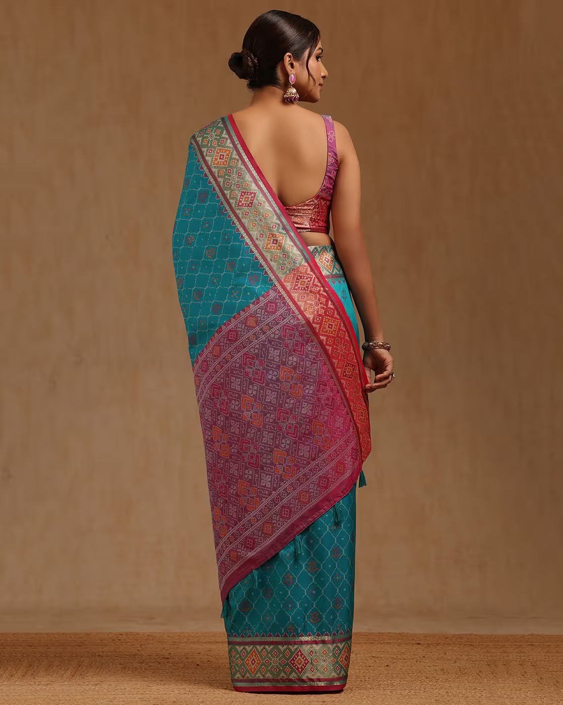 Aromie turquoise and pink saree in silk, back view, perfect for weddings and festive occasions, available online in Canada