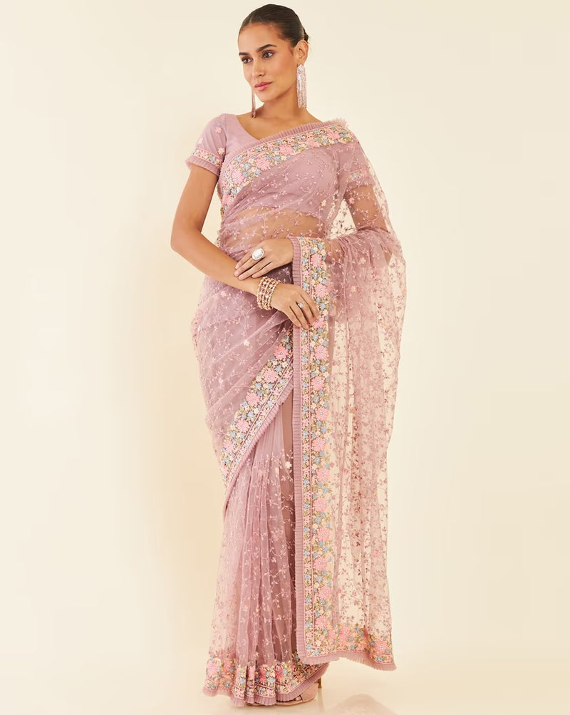 Elegant satin embellished saree Canada with intricate floral embroidery and a shimmering finish