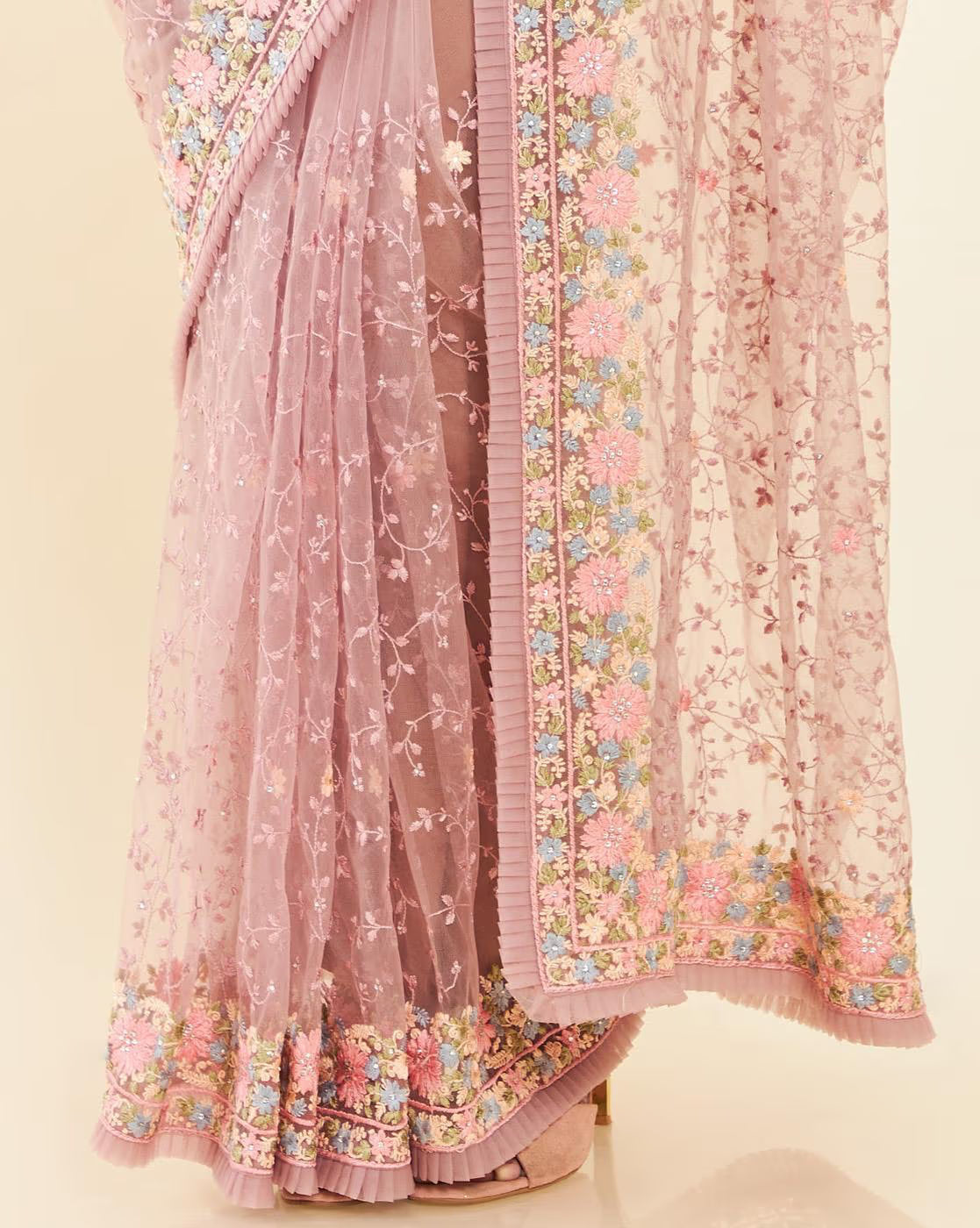 Elegant satin embellished saree Canada featuring floral embroidery in shades of pink and blue