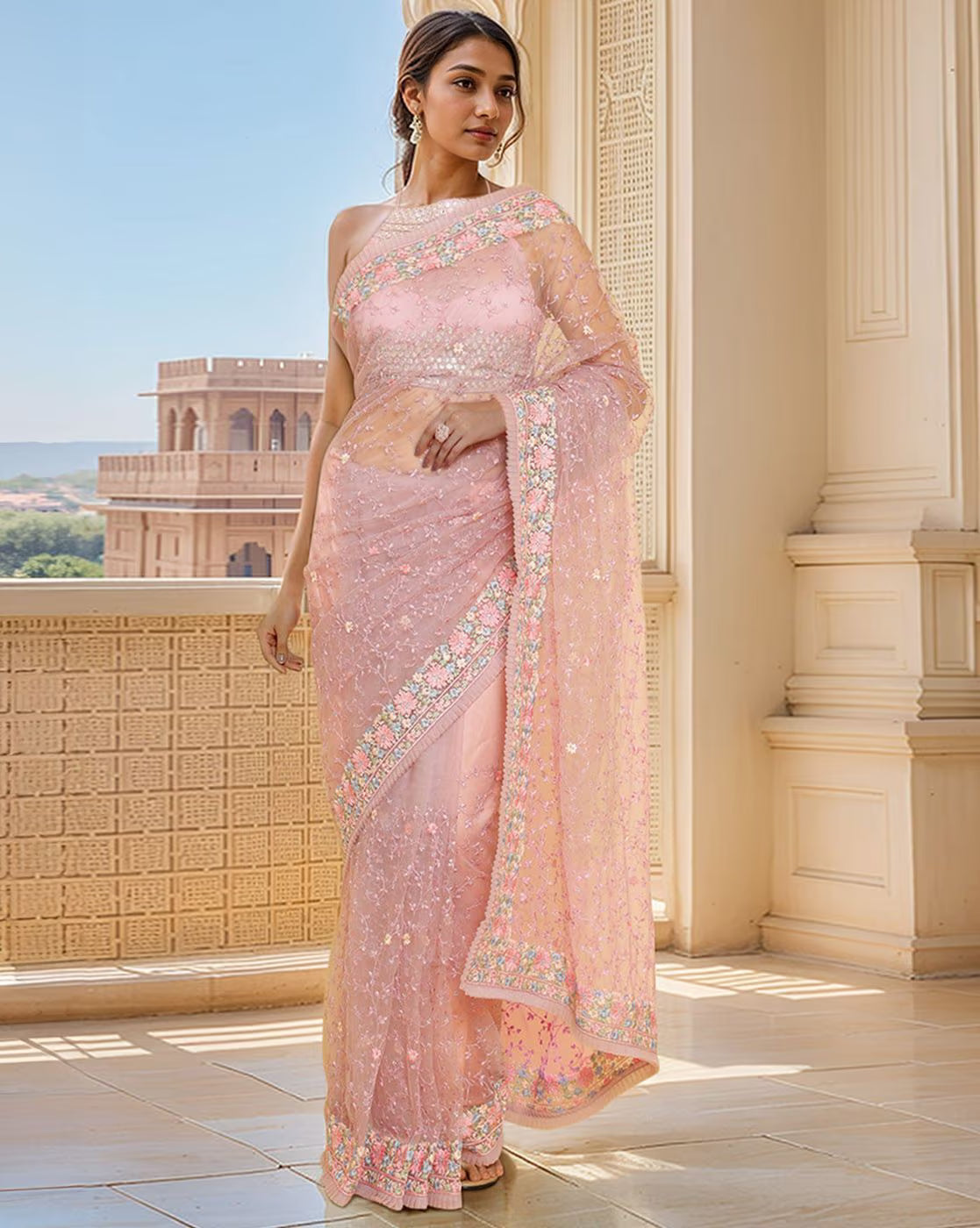 Aromie satin embellished saree Canada in soft pink with intricate embroidery, perfect for elegant occasions