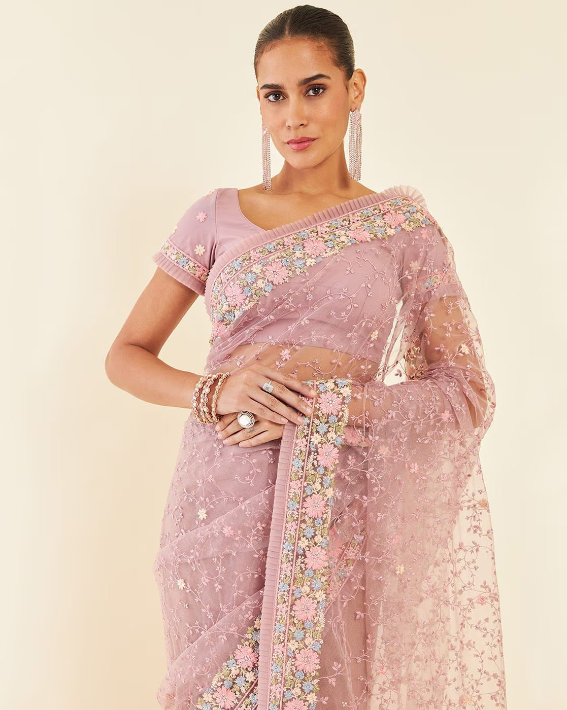 Aromie Satin embellished saree Canada in soft pink with floral embroidery and a stylish blouse