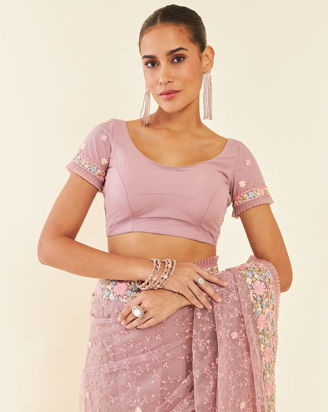 Elegant satin embellished saree Canada featuring floral designs and intricate embroidery details