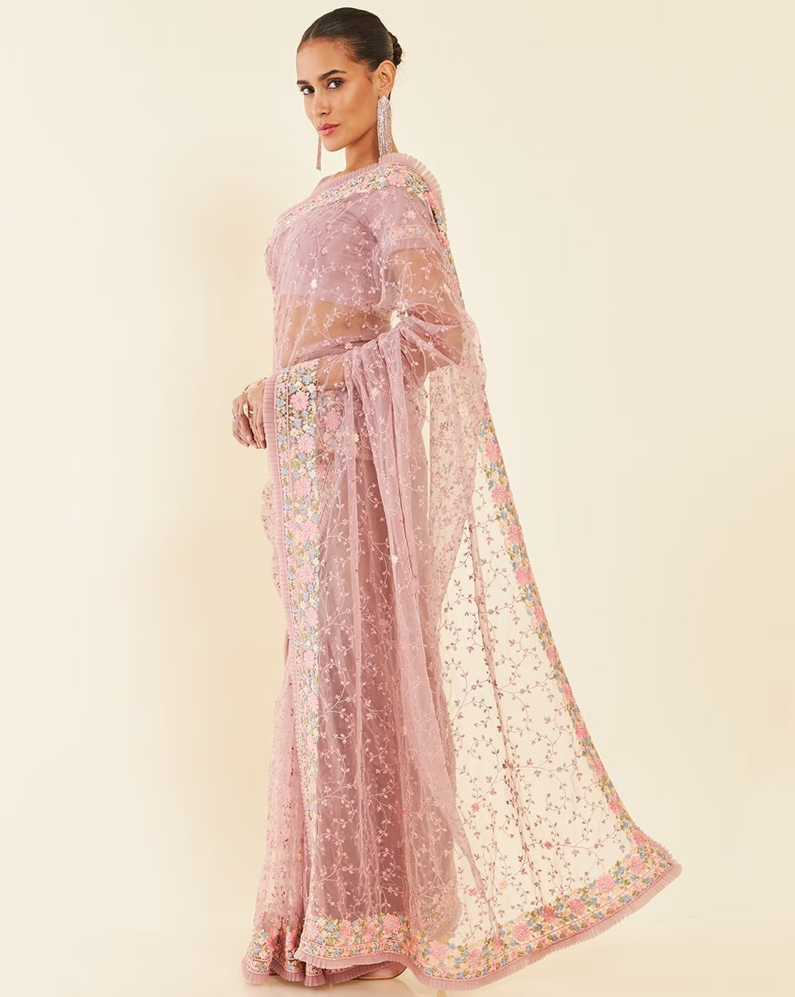 Elegant satin embellished saree Canada in a soft pink hue with intricate floral embroidery