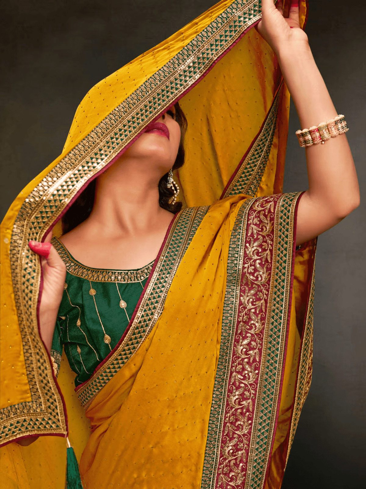 Satin Silk Yellow Embroidered Designer Saree for Women with Unstitched Blouse. - aromie