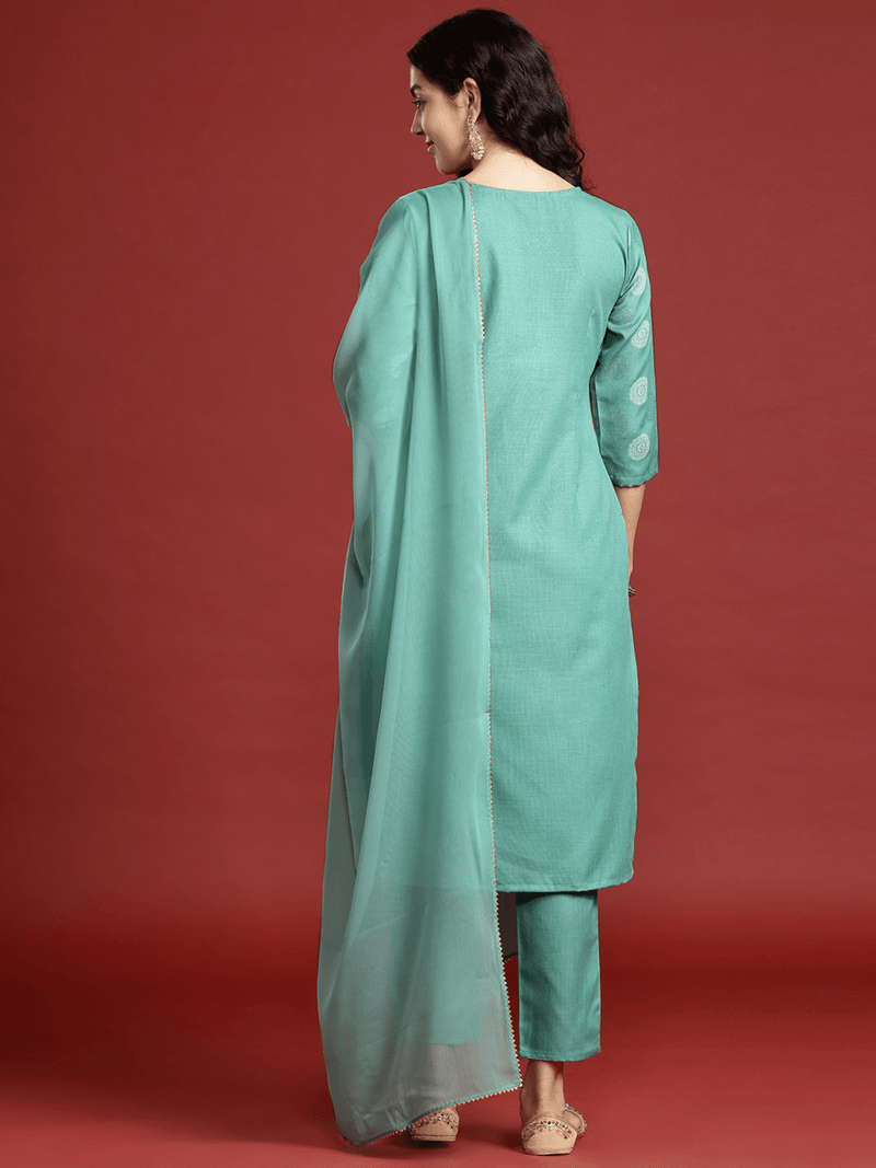 Elegant sea green ethnic kurta set with three pieces, featuring stylish embroidery and graceful silhouette