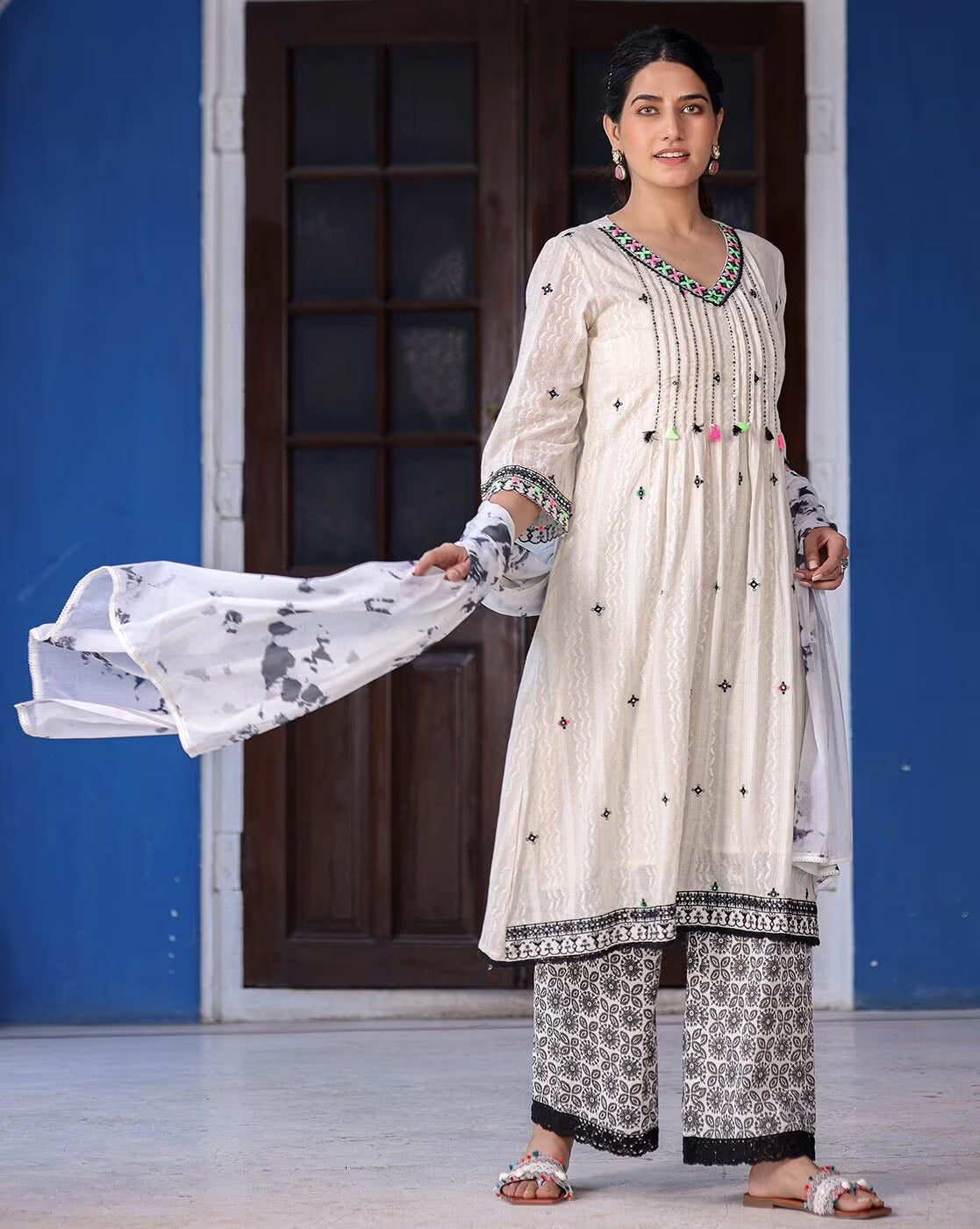 Sea green ethnic kurta set featuring intricate embroidery and stylish palazzo pants from Aromie