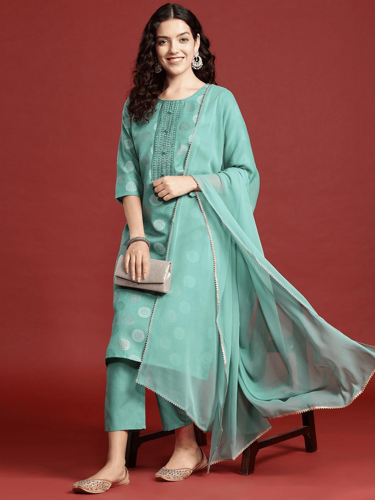 Aromie sea green ethnic kurta set featuring a kurta, pants, and dupatta with elegant details