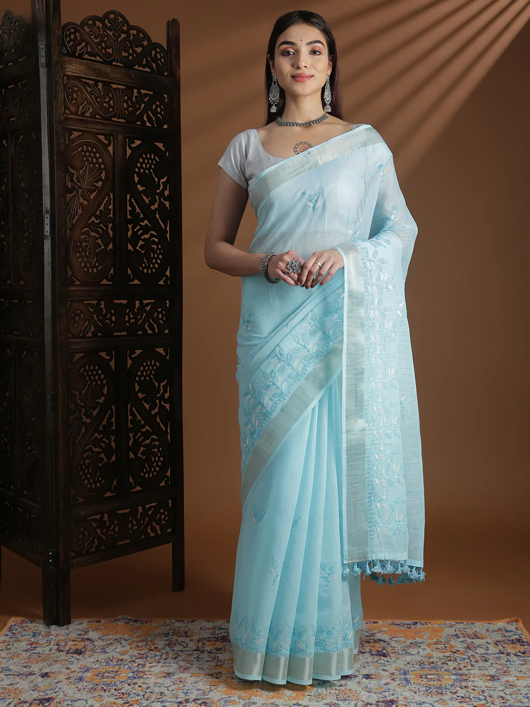 Light blue semi linen embroidered saree Canada with delicate embroidery, perfect for weddings and festive occasions