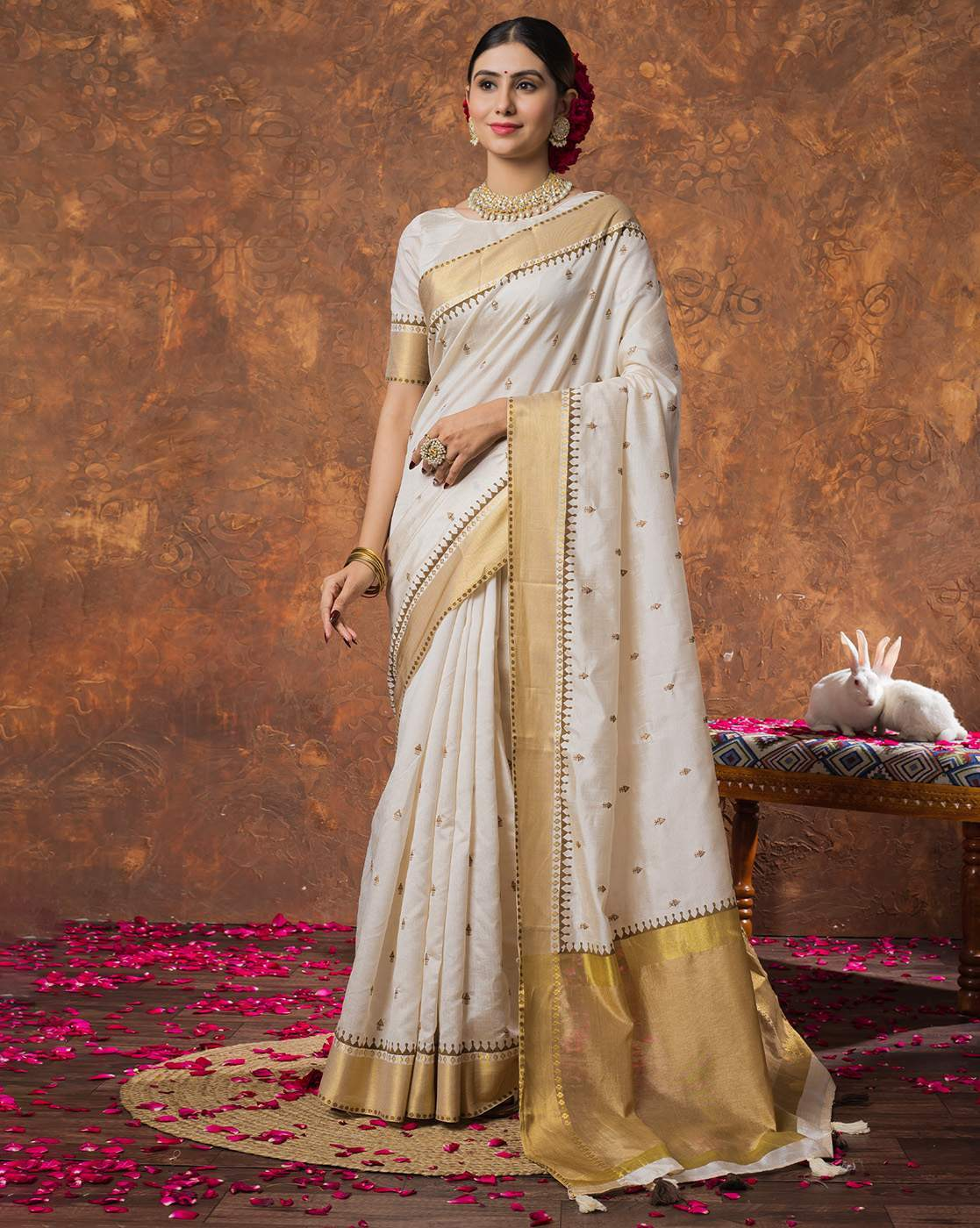 Aromie sequin embellished saree online in white and gold with intricate border and delicate sequin work