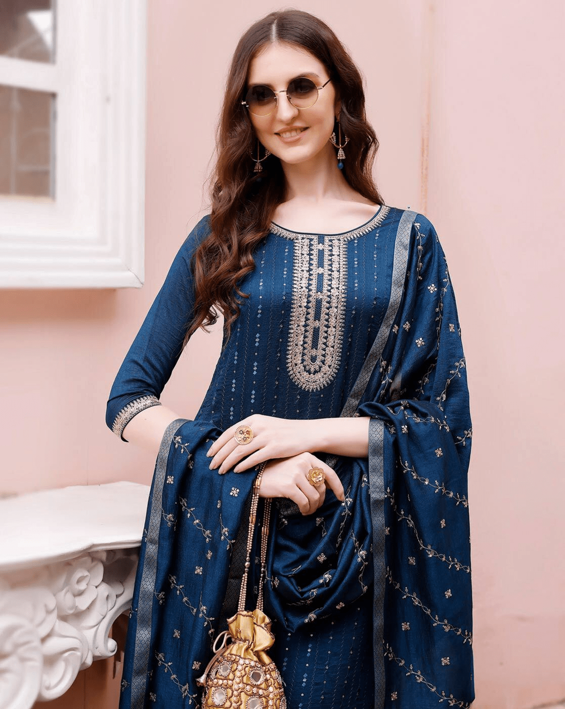 Sequined Embroidered Straight Kurta Set for Women – With Silk Blend Trousers & Dupatta – Elegant Festive Wear - aromie