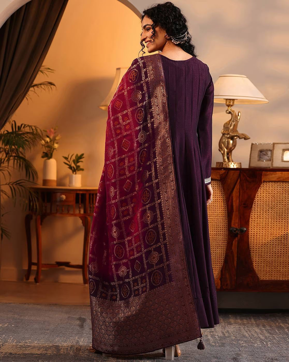 Elegant Sequined Kurta Set Women USA with a rich maroon color and intricate back design