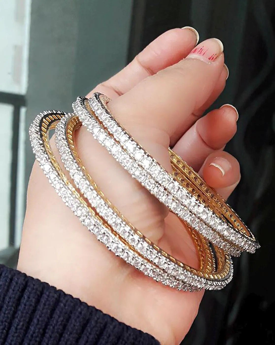 Set of 4 American Diamond - Studded Alloy Bangles for Women – 4mm Slip - On, Feminine Party Wear - aromie