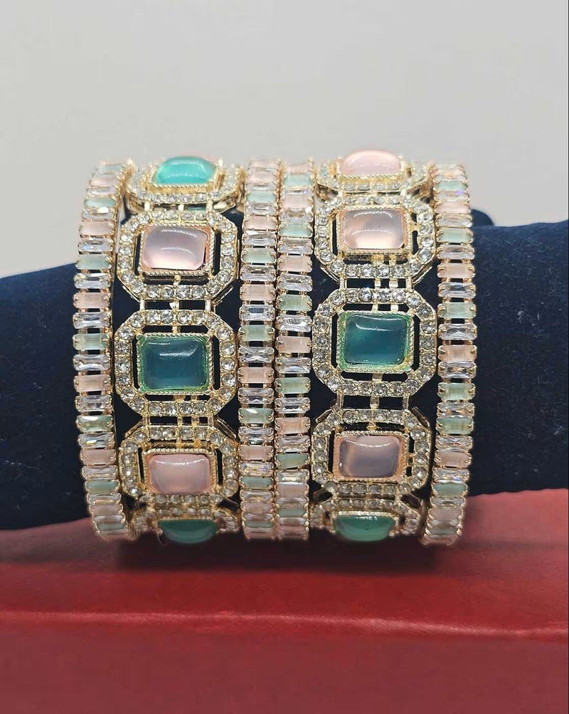 Set of 6 Kundan Stone - Studded Brass Bangles for Women – Traditional Floral Design in Sizes 2.4, 2.6, 2.8 - aromie